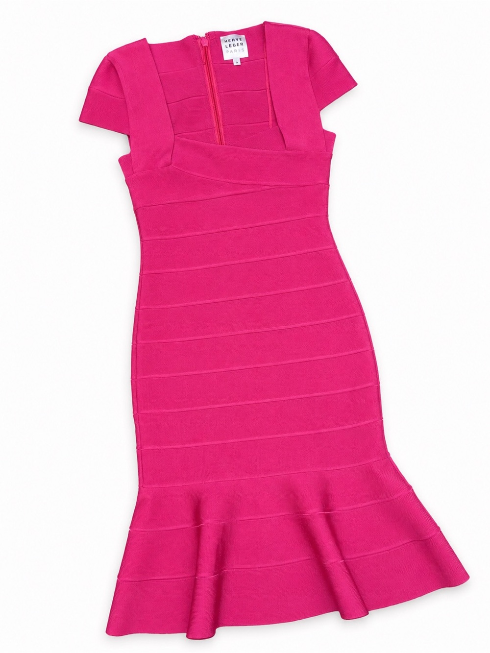 Herve Leger Hot Pink Bandage Midi Dress with Flared Hem